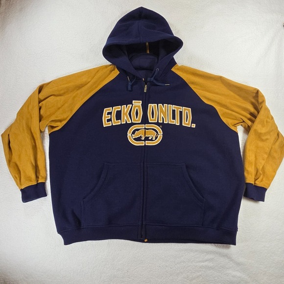 Ecko Unltd Full Zip Hoodie Mens 4XL Navy Gold Rhino Logo Big Spellout Streetwear - Picture 1 of 11